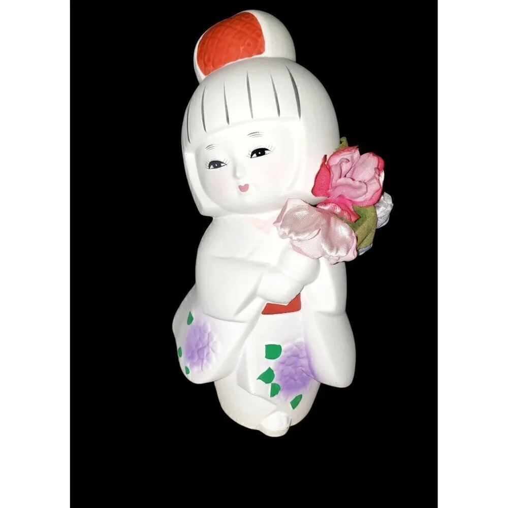 Vtg‎ Japanese Hakata Bisque Geisha Doll on Signed Wooden Base 7 3/4” T Ceramic